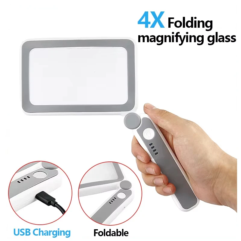 4X Rechargeable Reading Magnifying Glass with 10 LED Lights Handheld Illuminated Magnifier Folding Loupe Large Lens for Seniors