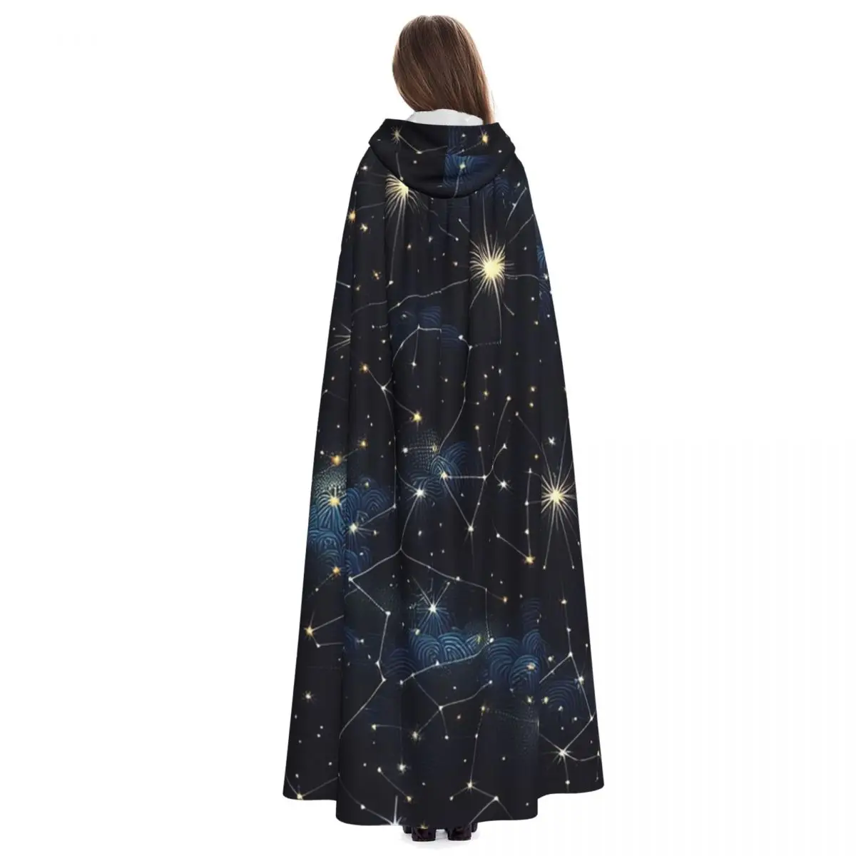 Night Sky Golden Celestial Stars Zodiac Constellations Long Hooded Cloak Witch Costume Cosplay Cape HalloweenParty Adult Unisex