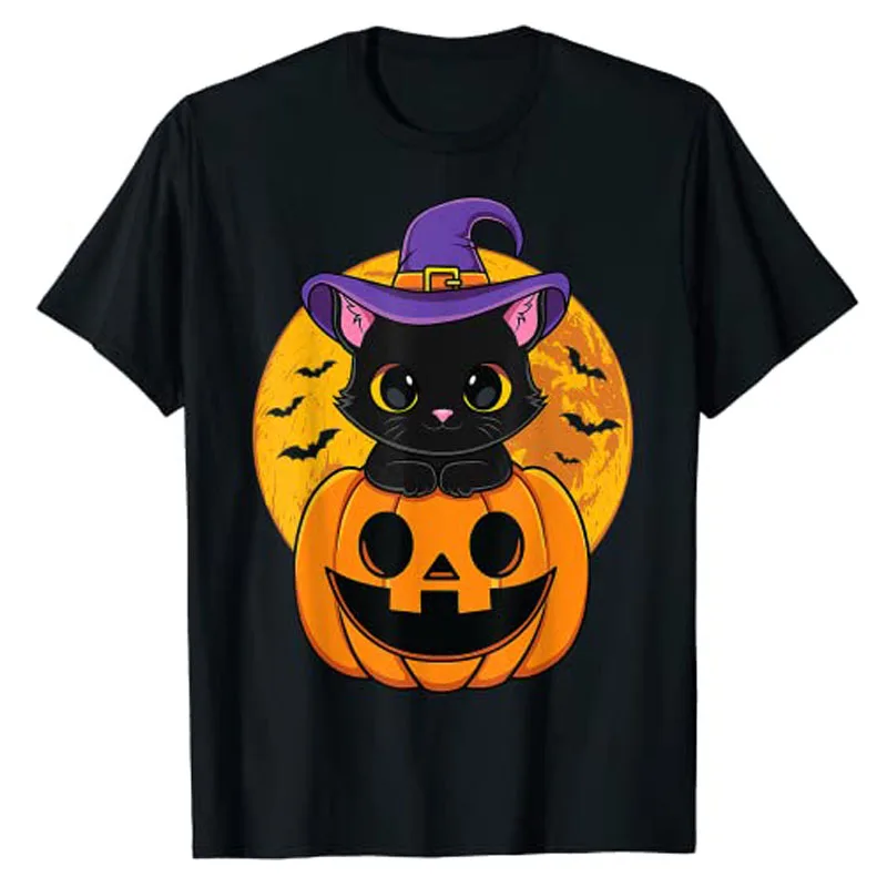 Cute Halloween Costume Black Cat Witch Hat Pumpkin for Kids Girls T-Shirt Aesthetic Clothes Graphic Tee Tops Fall Outfits Gifts