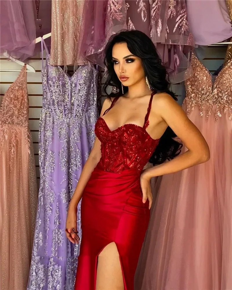 Flavinke Customized Red Sweetheart Mermaid Evening Dresses Spaghetti Straps Side Split Summer Prom Gowns Evening Party Dress