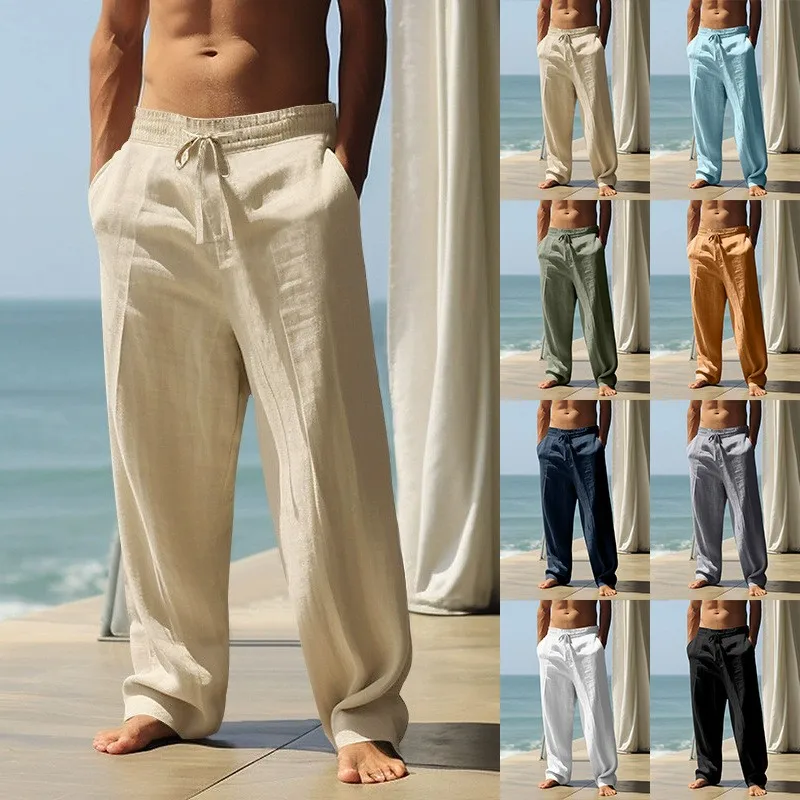

Men Summer Baggy Pants Wide Leg Lightweight Trousers Loose Fit Drawstring Waist Casual Pants Straight Cut Mid Rise Linen Pants