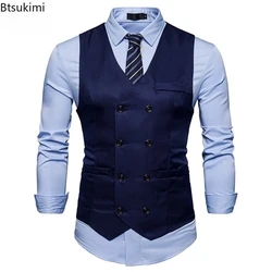 2024 Men's Formal Dress Vest Top Double Breasted Casual Tank Tops Solid Slim V-Neck Club Party Suits Vest Formal Waistcoat Men