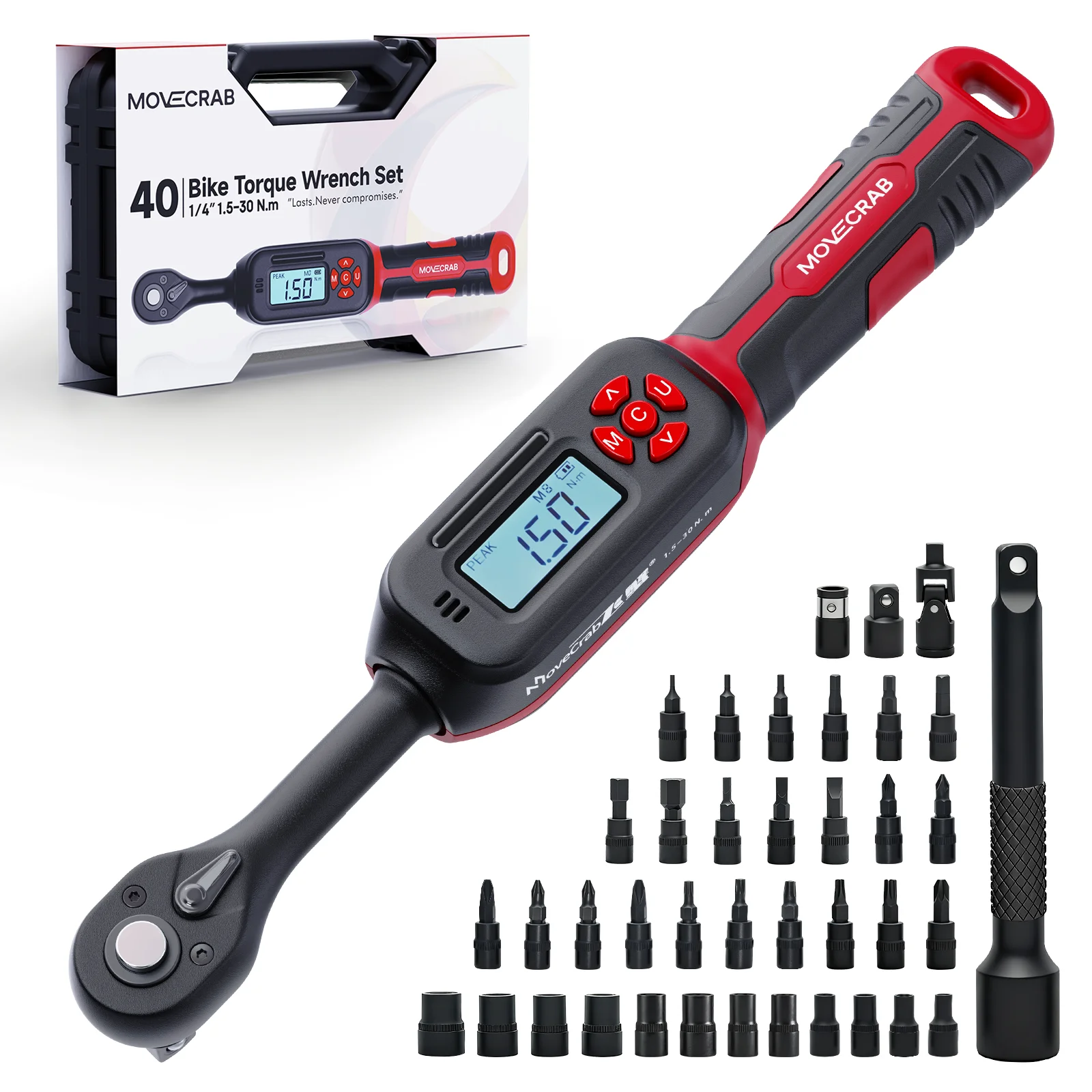 Digital Torque Wrench 1/4 Inch Drive 1.5-30 N.m 1-22 Ft.lb 40Pcs Bike Tool Set with Sockets Bits LED Buzzer for Motorcycle Car L