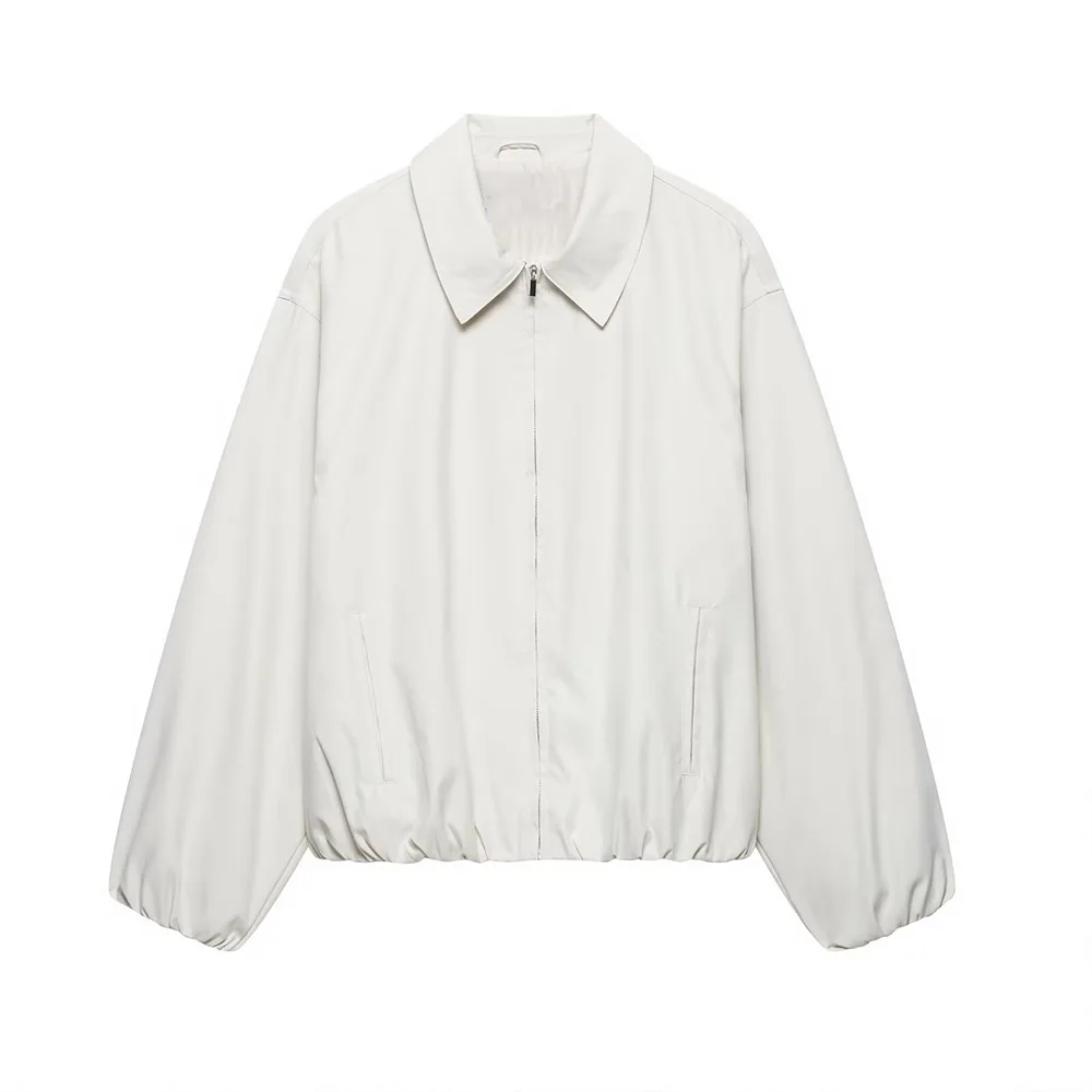 

женская укороченная куртка-бомбер с лацканами на молнии плиссированная однотонная куртка с длинными рукавами повседневная универсальная осенняя женская шикарная куртка