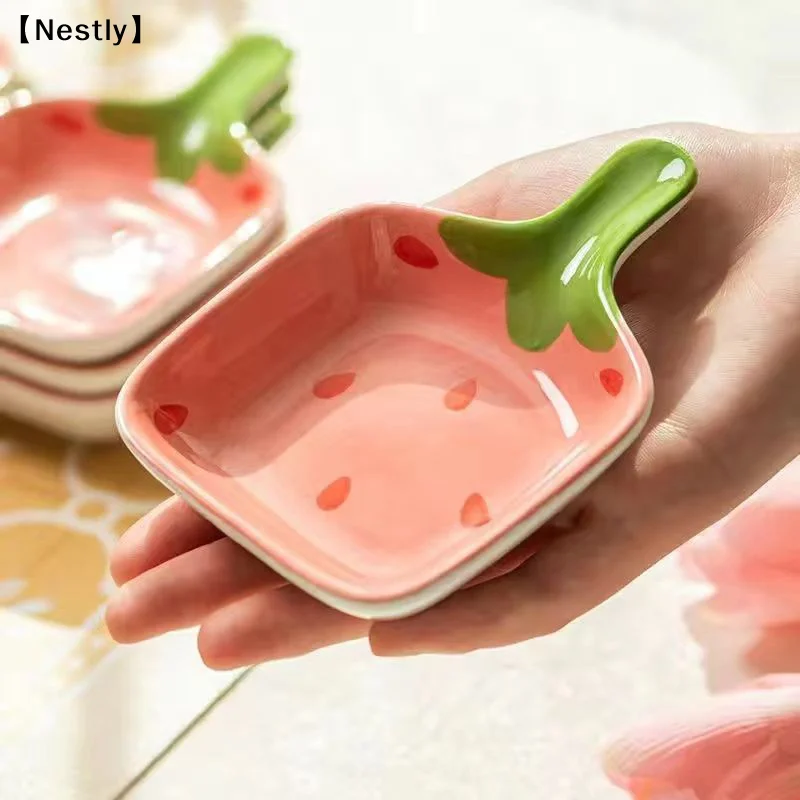 Super Cute Cartoon Strawberry Dipping Saucer Household Three-Dimensional Ceramic Saucer Ketchup Snack Plate Vinaigrette〔Nest〕