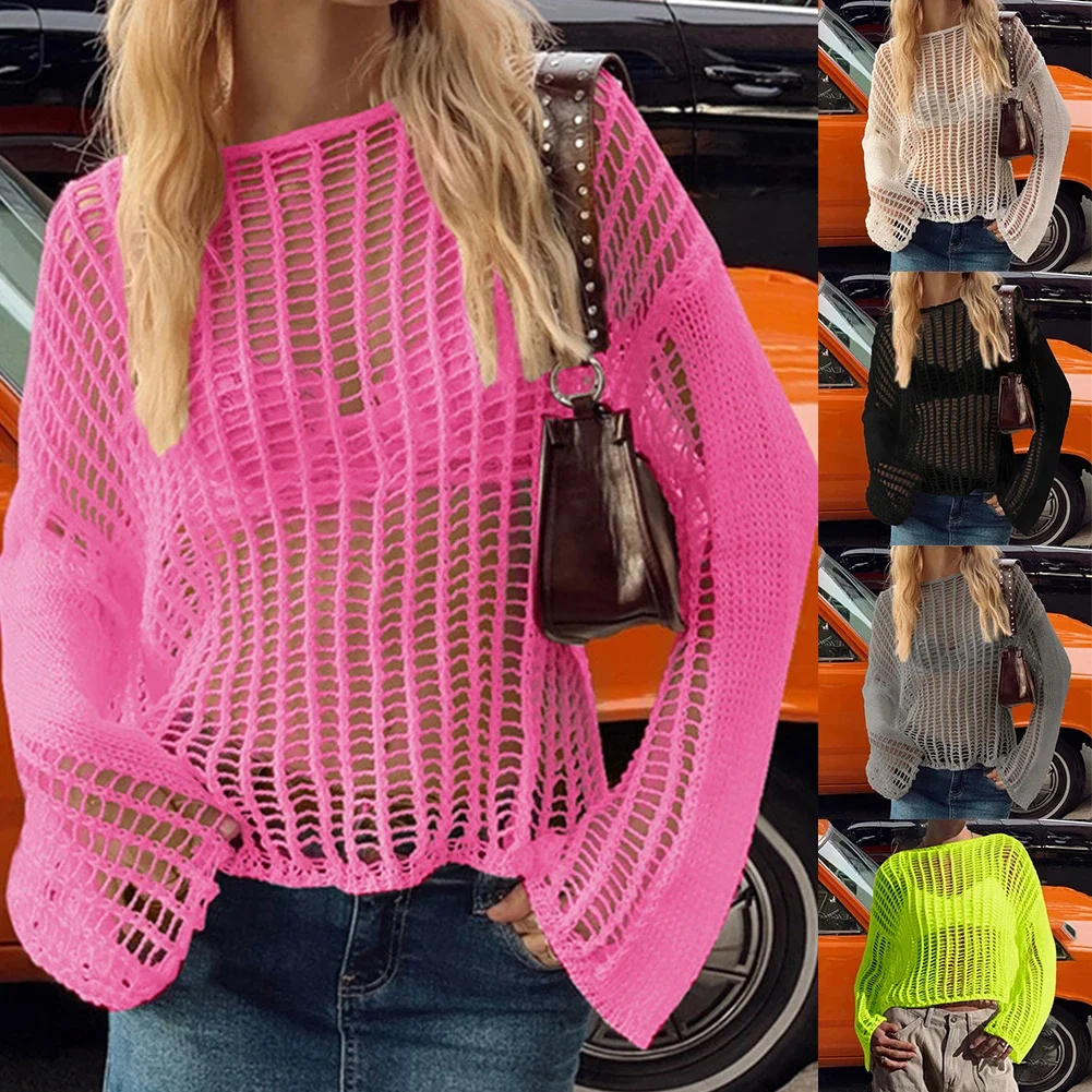 تغطية للشاطئ بأكمام طويلة محبوكة مفتوحة للنساء ، كروشيه صيفي ، قميص شمس