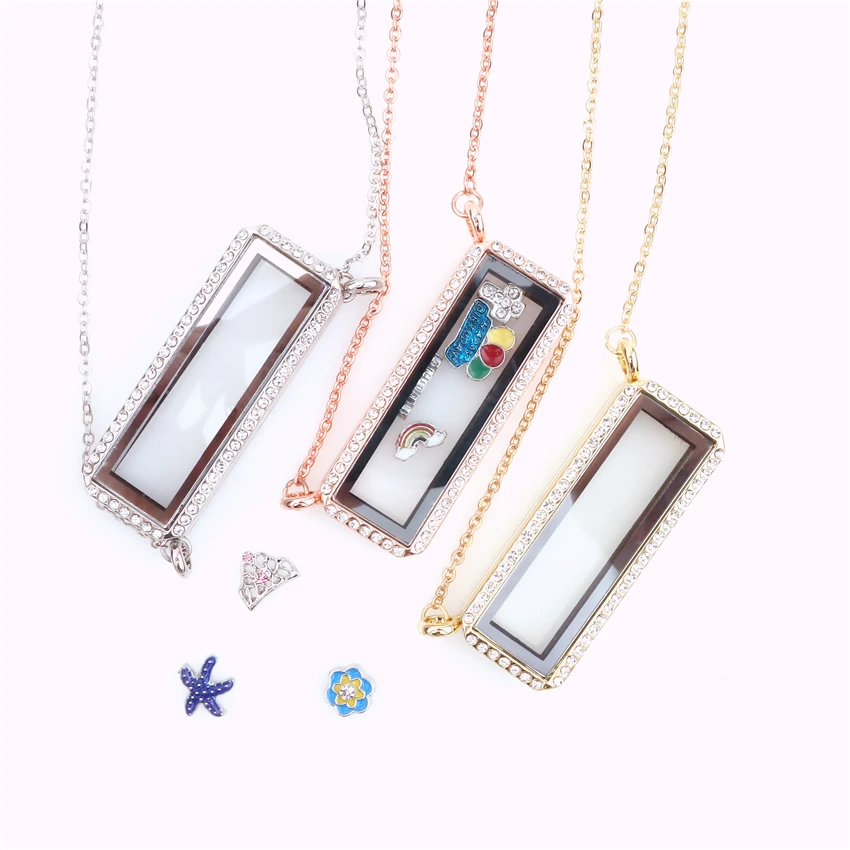 10Pcs Rose Gold Color Necklace for Women Rectangular Rhinestones Glass Reliquary Memory Floating Charm Locket Gift Jewelry Bulk