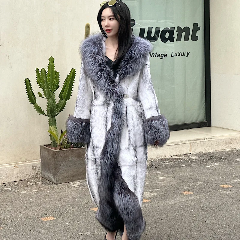 2024Winter Women  Real Rabbit Fur Coats With Fox Lapel Collar Natural Whole Skin Rabbit Fur Long Jackets Overcoat Luxury