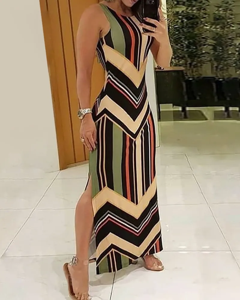 

Women's Colorful Striped Print Side Slit Maxi Dress Sleeveless O-Neck Slim Long Dresses Colorblock Spring Summer New 2023