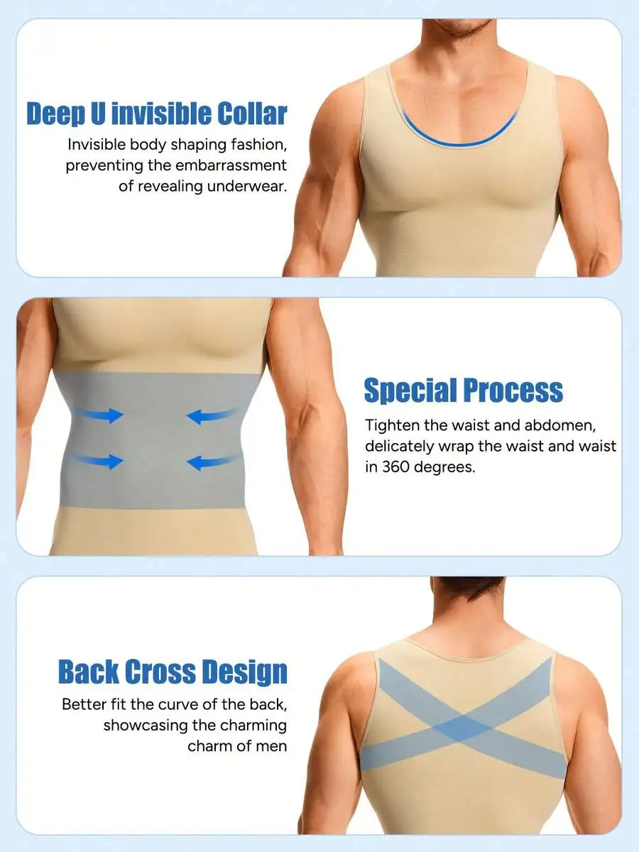 

Men’s Sleeveless Body Shaping Tank With Deep U Collar, 360° Waist Compression And X-Back Support