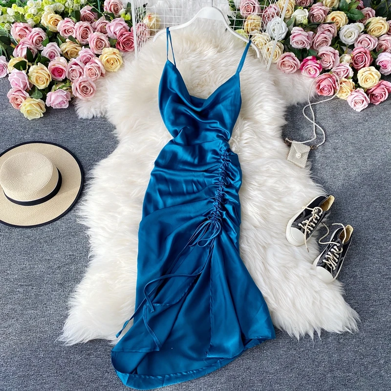 فستان طويل أنيق بفتحة جانبية ورباط خصر ورباط خلفي ورقبة على شكل حرف V من الساتان المطوي فستان صيفي للتخسيس #4