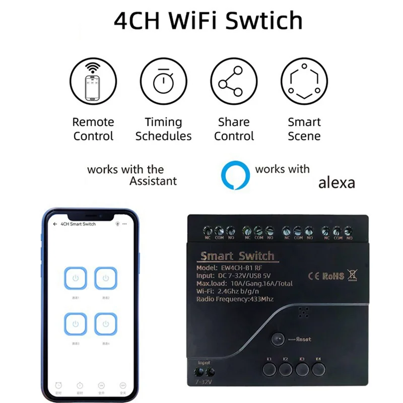 

Новинка! Ewelink 4CH Wi-Fi Smart Relay Switch Module APP RF Control с пультом дистанционного управления 433M работает с Alexa Google Home