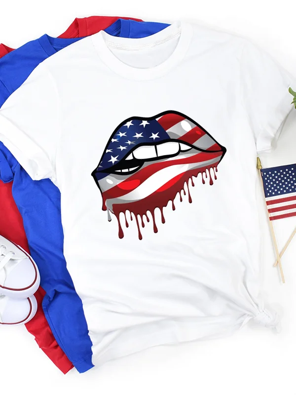 New Hot Sale Fashion Independence Day Comfort  Women Shirt with The Lips of The American Flag Print Female Casual T-shirt