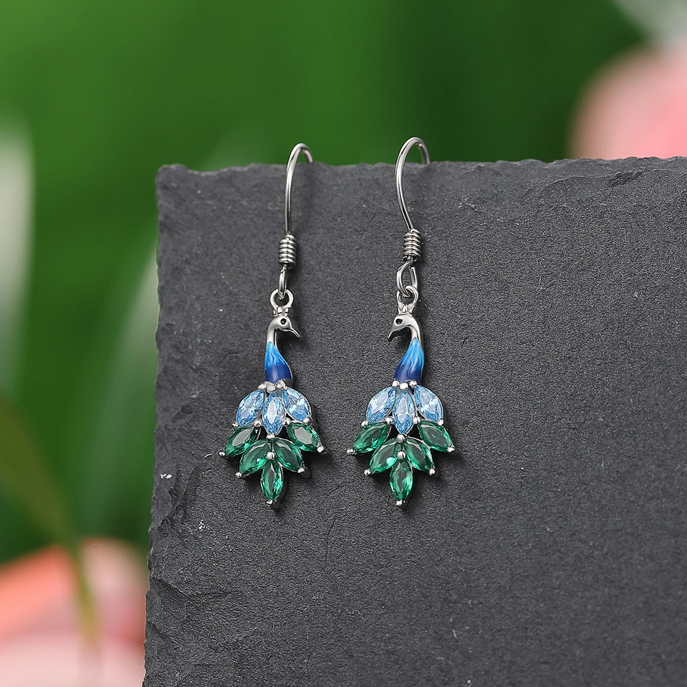 925 Sterling Silver Cute Animal Peacock Feather Dangle Earrings With Zircon Mother's day Jewelry Birthday Gifts for Women Mom