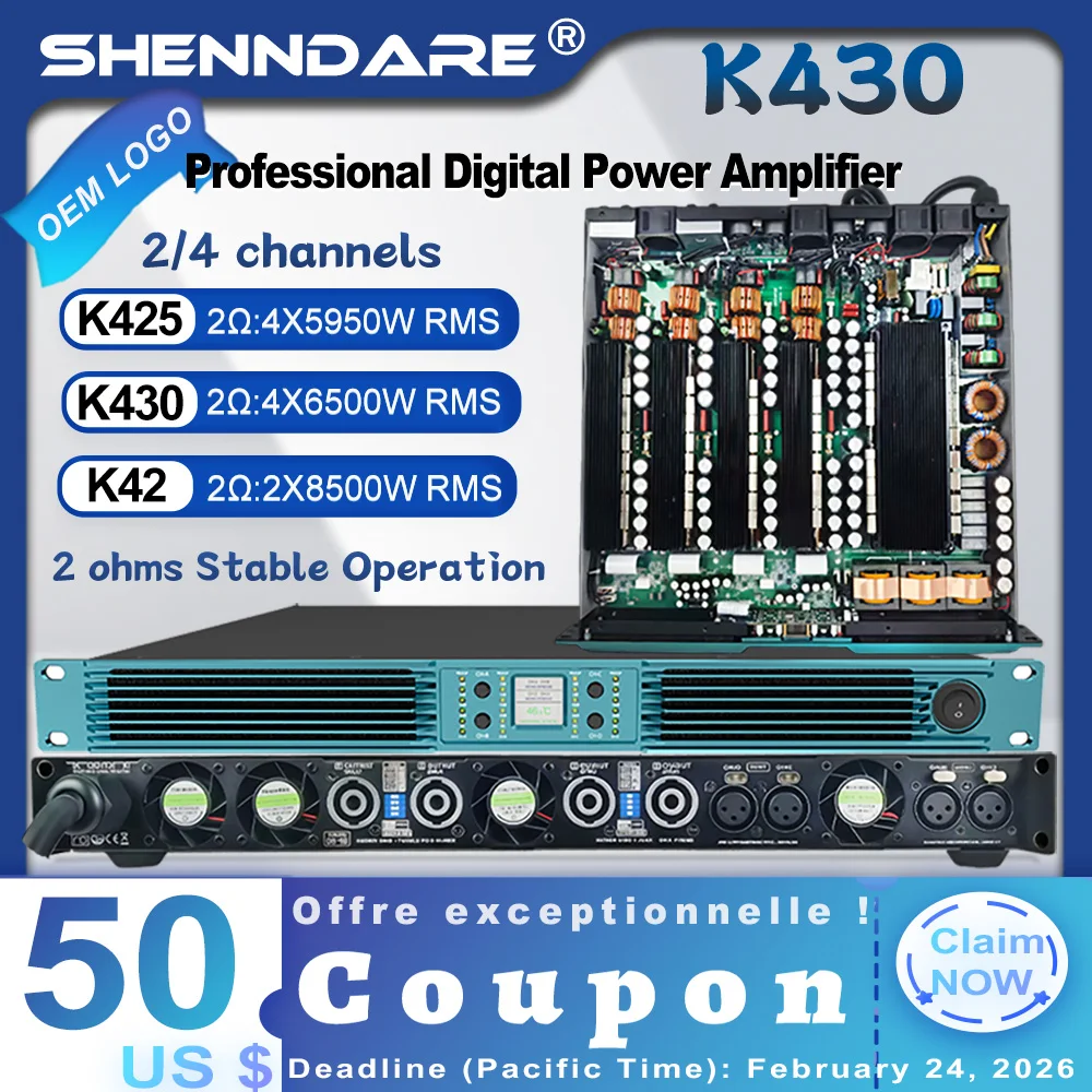 

Профессиональный цифровой усилитель мощности ShennDare K430, 2 Ом, 4x6500 Вт, стабильная работа, усилитель для сабвуфера для диджеев, класс D, 1U, 4-канальный аудиоусилитель для акустических систем.