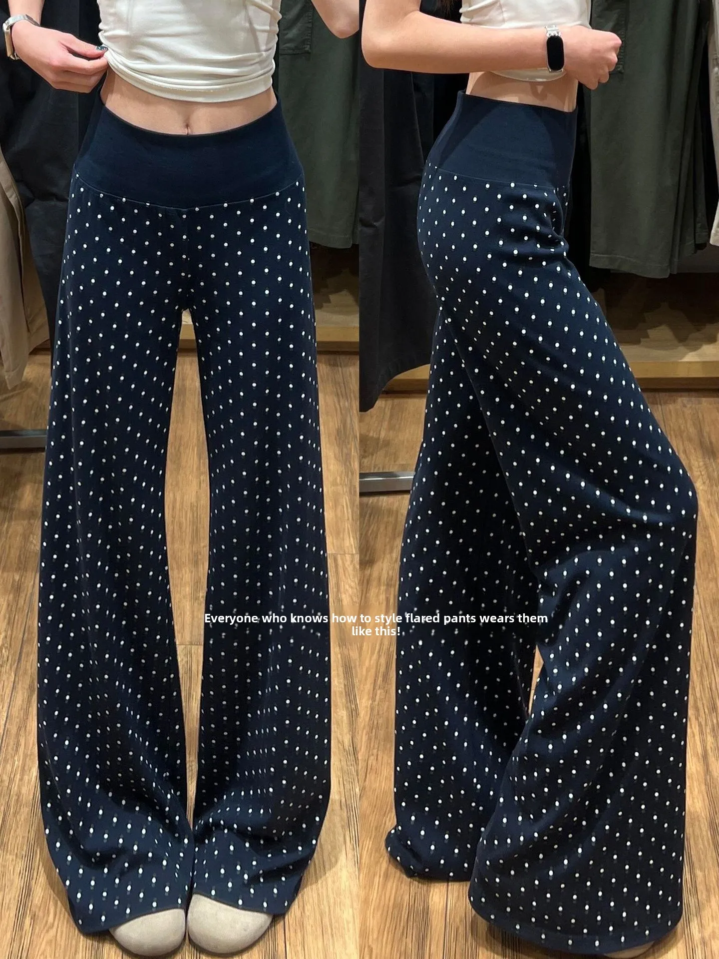 

High Waist Loose Fit Polka Dot Wide Leg Pants Women's Summer Casual Trousers Flared Pants Korean Style Polyester Fiber
