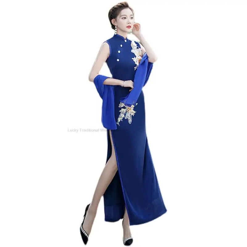 Vestido Cheongsam chino mejorado, bordado de flores, Retro, Qipao, elegante, fiesta de noche, Oriental, Sexy, Qipao T1