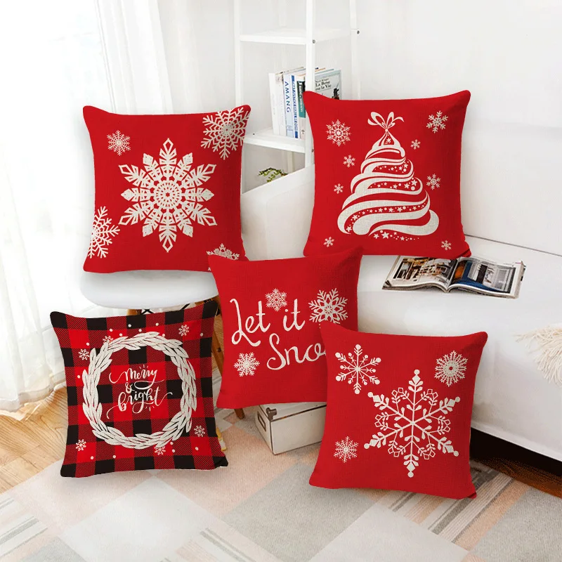 

Red Christmas Pillow Case Linen Christmas Theme Printed Throw Cushion Square Backrest Pillowcase christmas pillow covers 45x45