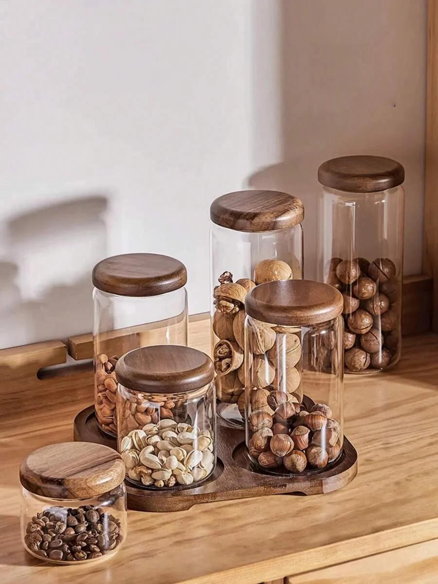 1pc Glass Jar With Wooden Lid, Sealed With Stopper, Round Ball Knob, Transparent Storage Jar, Suitable For Storing Spices, Salt,