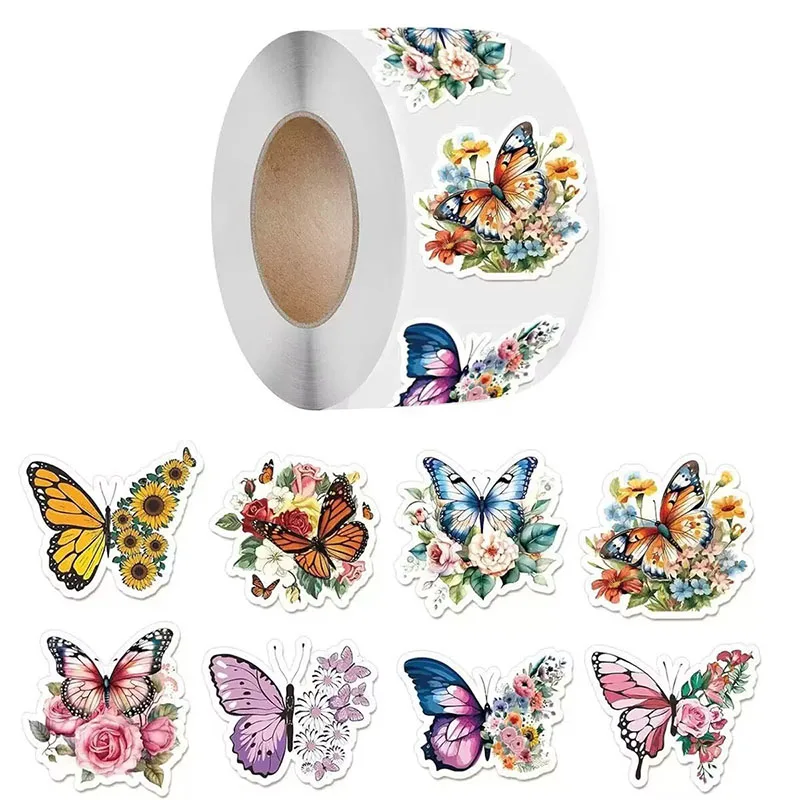 

500pcs/Roll Butterfly Flower Stickers Round Label Stickers Spring Daisy Self Adhesive Decorative Labels for Scrapbook Stationery