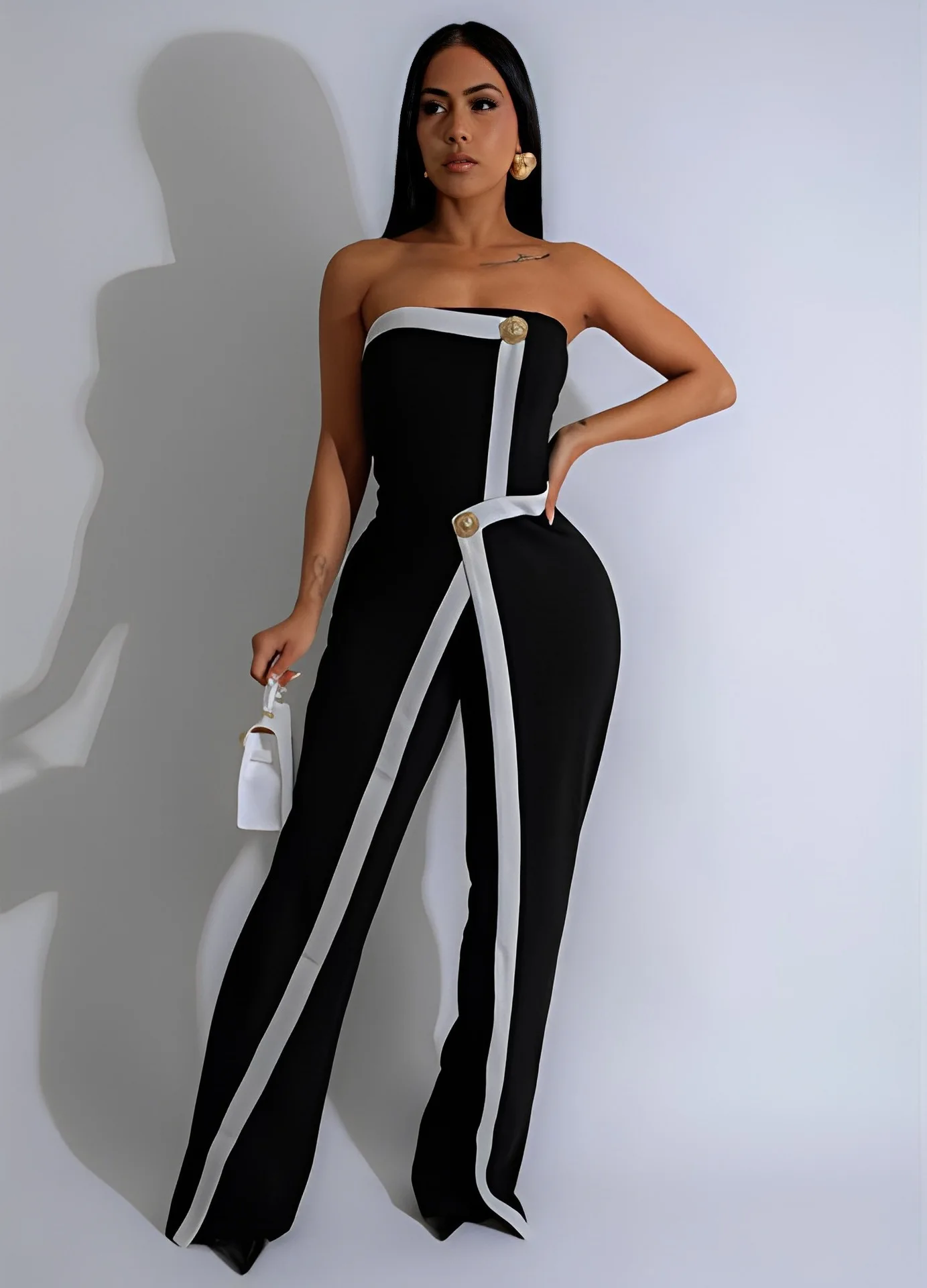 

Black White Women Jumpsuit Prom Dress Sexy Strapless Sleeveless Long Pants Party Gown Autumn Casual Birthday Robe Trousers