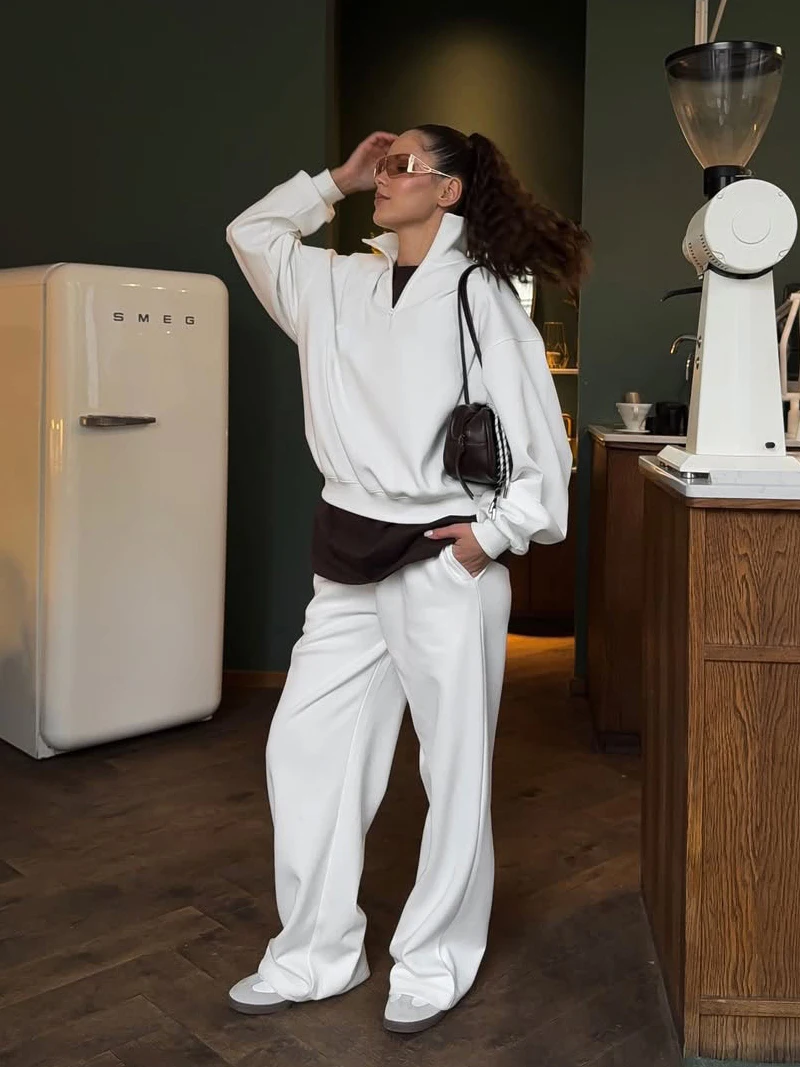 

Autumn Cotton Casual Tracksuit Oversize Zipper Pullover Top and Wide Leg Trousers Women 2 Pieces Suit Fashion Sport Outfits