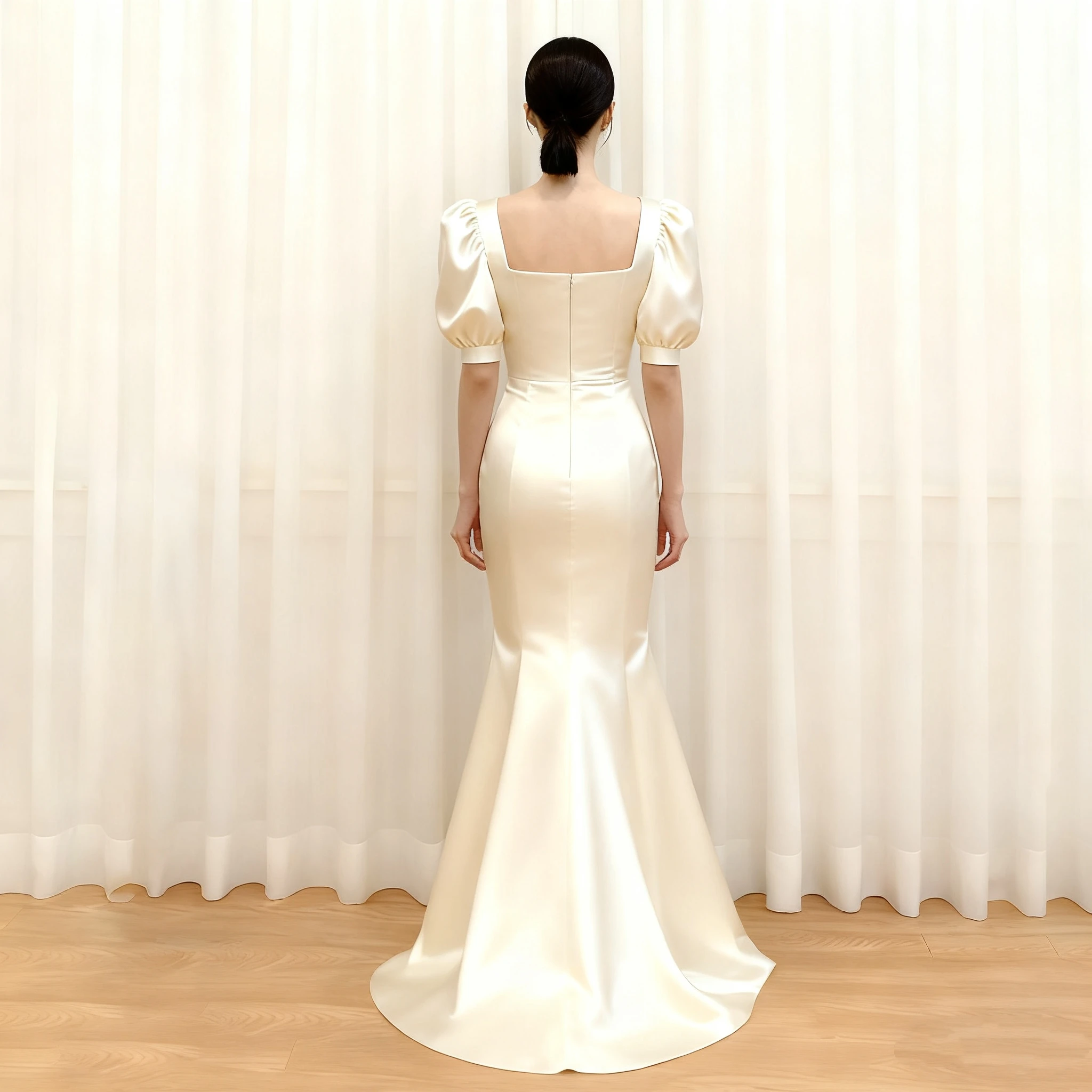 تخصيص صنع لتدابير فساتين الزفاف الكورية التقطت الصور ألف خط ثوب زفاف بسيط نفخة الأكمام فساتين التقاط الصور مخصص #2