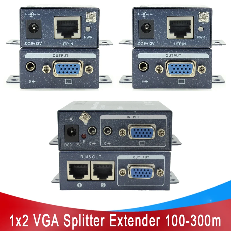 1x2 VGA Extender Splitter 100M 200M 300M 1/2 VGA Splitter Over Cat5e/6 1080p for laptop LCD TV Projector 1 to 2 VGA Splitter