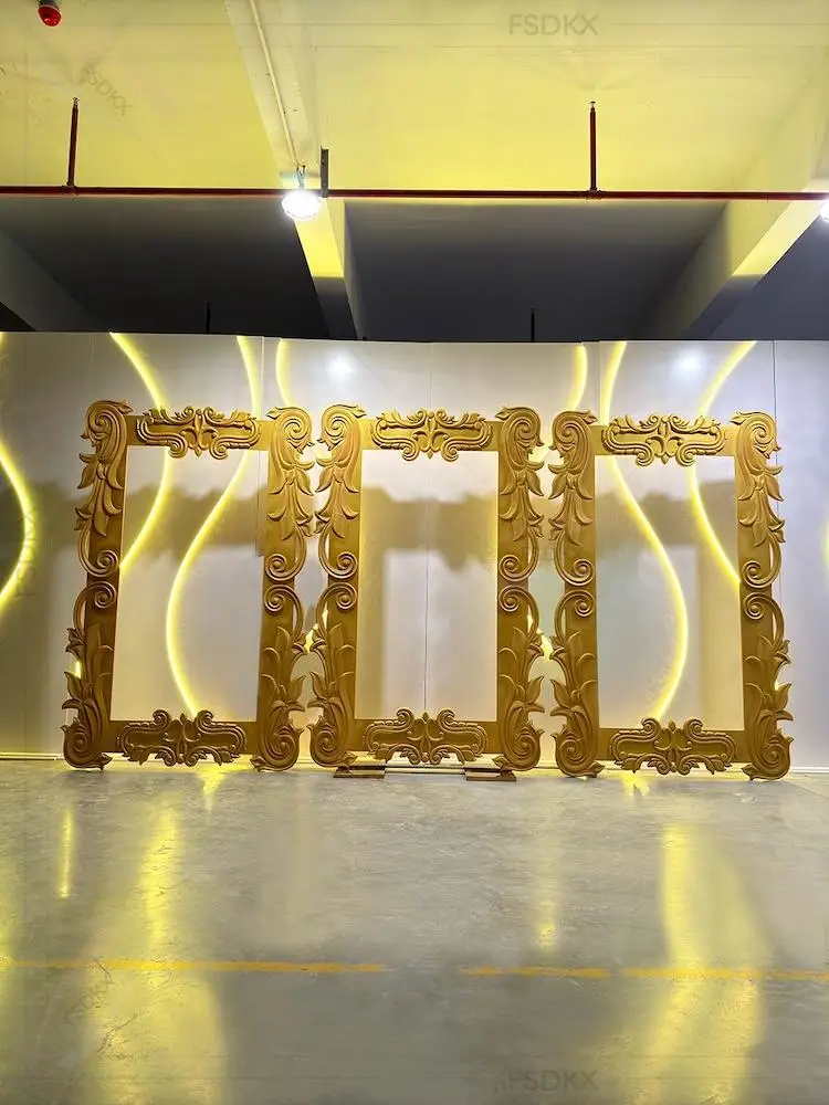 

Luxury Gold Pvc Arch Backdrop Stand Custom Hollow Carving Wedding Stage 3d Arch Backdrop