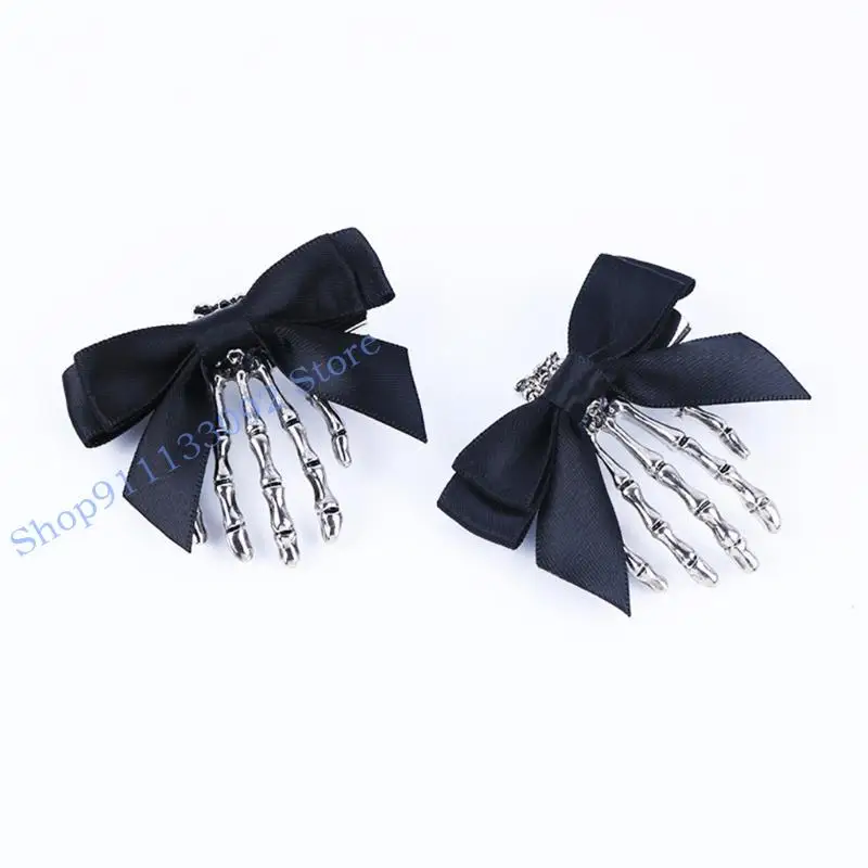 

H9ED Skeleton Claws Hair Clips with Bows Punk Hairpins Halloween Duckbill Side Clips