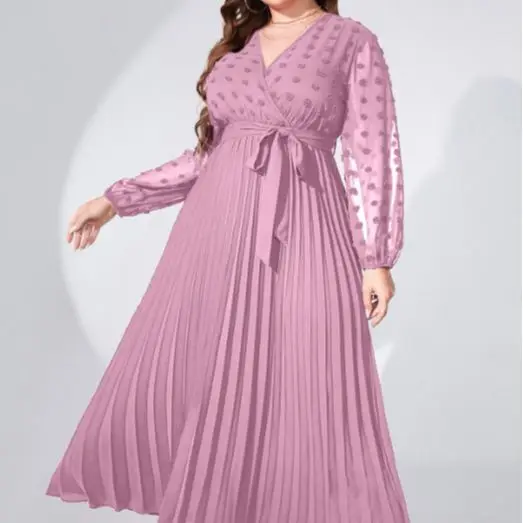 Casual Plus Size Dresses Fashion V-neck Pleated Women Elegant Dresses 2023 New Temperament Large Size Lady Solid Color Dresses