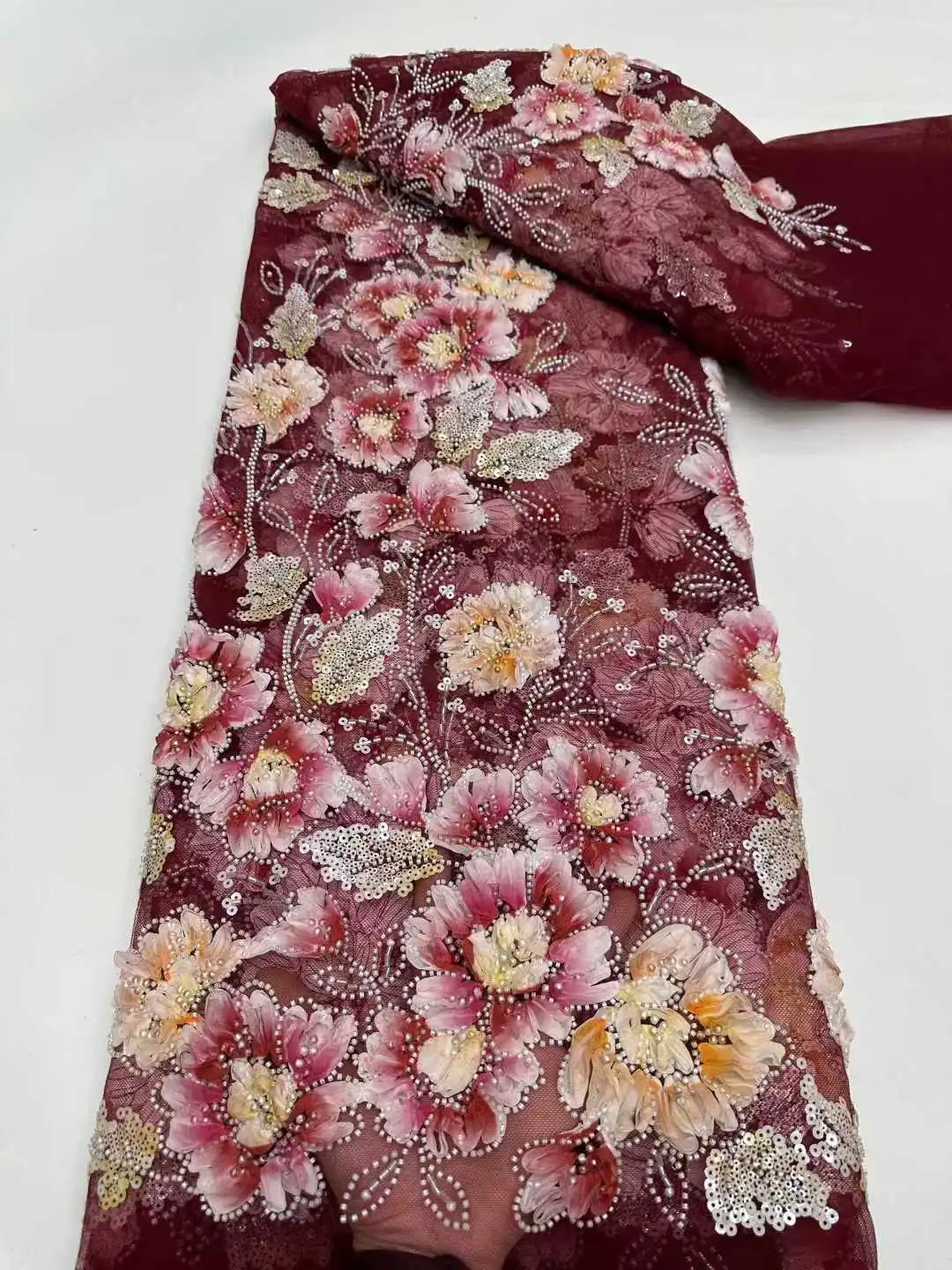 2026Wedding Dress Lace Fabric -Mixed colors Embroidered Tulle Soft Mesh Chiffon with Pearls for Evening Gown NN5918_R