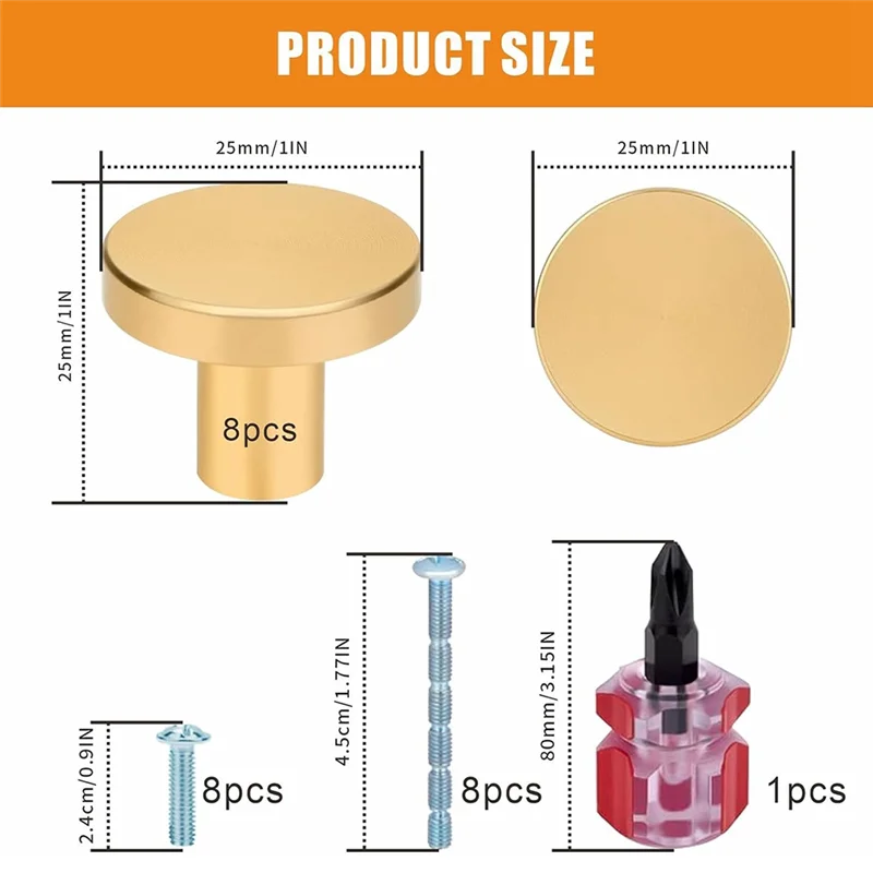 -A25M ゴールドキャビネットノブ - 8個のつや消し真鍮ラウンドプルハンドル キッチン、ドレッサー、食器棚、ワードローブ、家具用