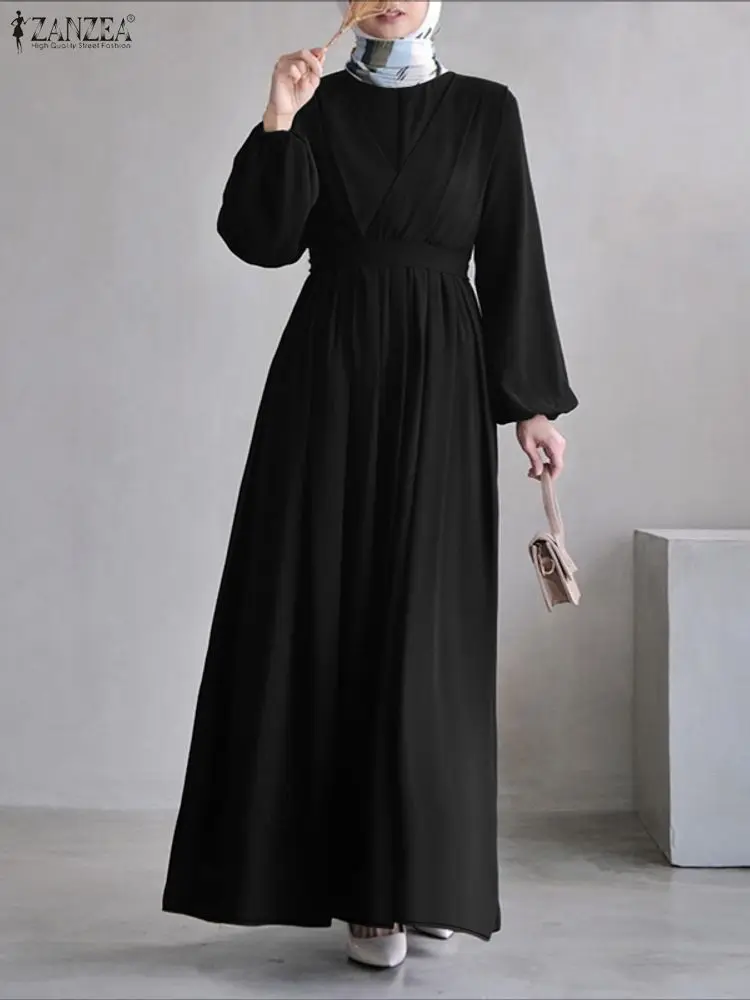 

ZANZEA Muslim Islamic Modest Women Long Dresses Hijabs Elegant Lantern Sleeve Solid Color Fitted Waist Eid A-Line Maxi Dress 3XL