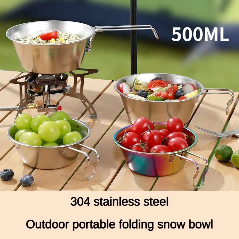 

Outdoor Tableware Bowl 500ML Portable Snow Pull Bowl Foldable Hanging Tableware 304 Stainless Steel Camping Picnic Tableware