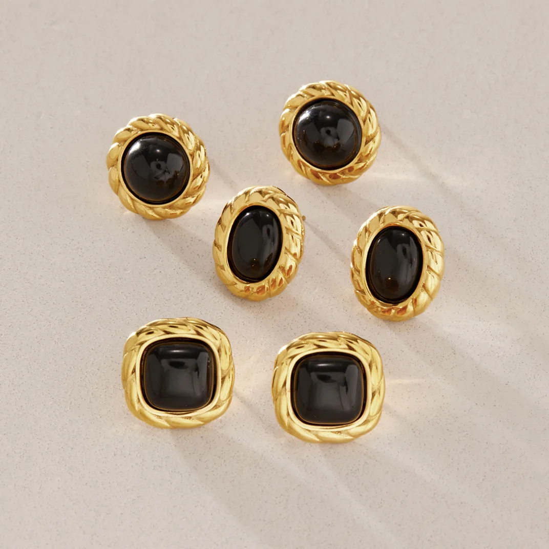 Black Enamel Round Stainless Steel Chunky Stud Earrings for Women Gold Plated Oil Drip Geometric Metal Twisted Vintage Jewelry