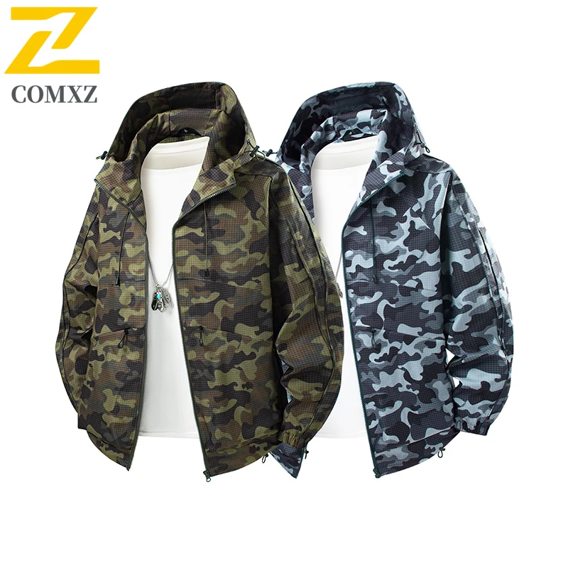 

COMXZ Men Camo Jacket Windproof Outdoor Climbing Hiking Camping Hooded Coat Lightweight Breathable Hunting Travel Autumn Coat