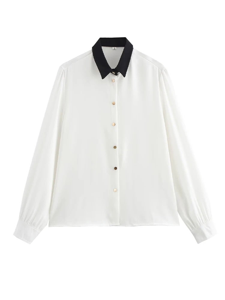 

2025 Spring Women's New Style European and American Style Fashion Simple Splicing Collar Long Sleeve Shirt