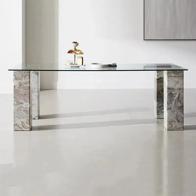 for Modern Light Luxury Rectangle Dining Table Marble Countertop Tempered Glass Wood Panel 8 Seats Geju 1 Year Warranty