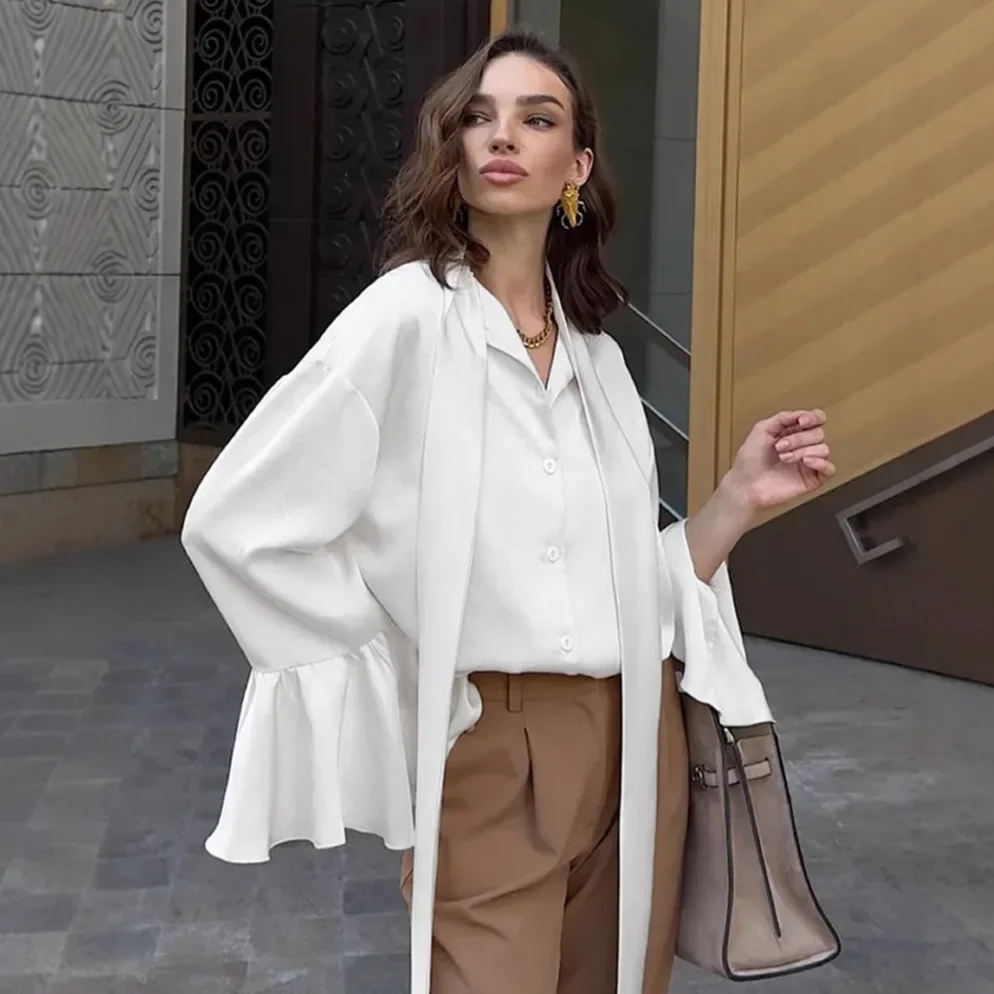 

Lotus Leaf Edge Satin Top Women's Spring Court Style Beige Streamer Shirt Medium And Long Women's Clothing