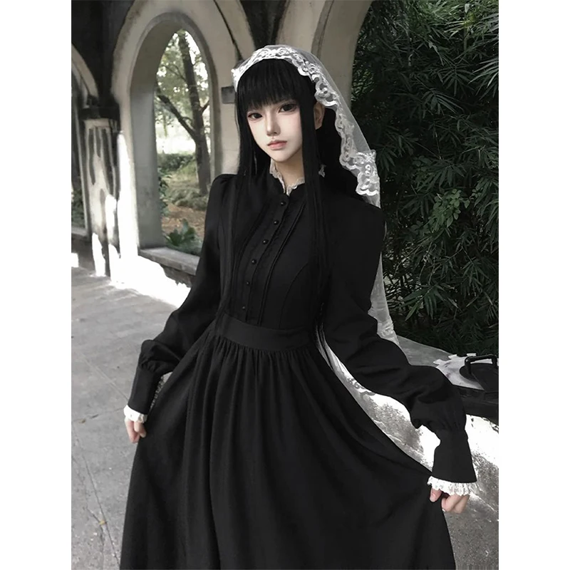 MEXZT Vintage Schwarz Midi Kleid Frauen Y2K Gothic Spitze Patchwork Kleider Japanischen Harajuku Verband Langarm Bodycon Vestidos