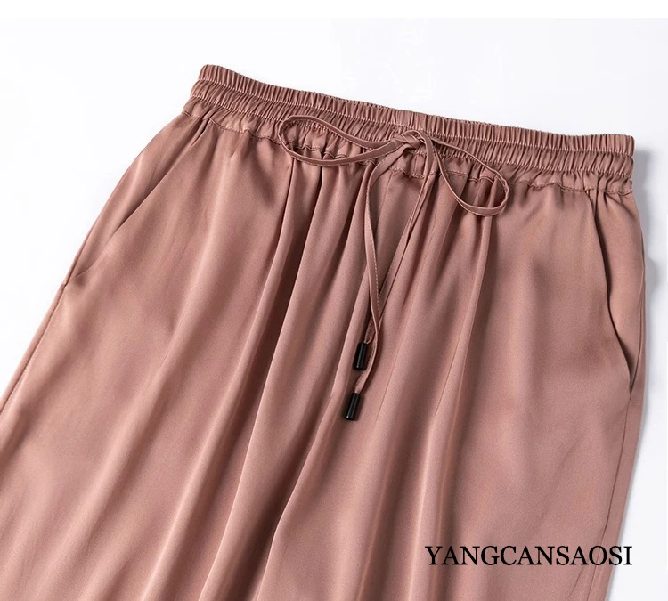 Vertical Naked Feeling 93% Natural Mulberry Silk Elastic Double Qiao Satin Elastic Waist Women's Fashionable Wide Leg Pants