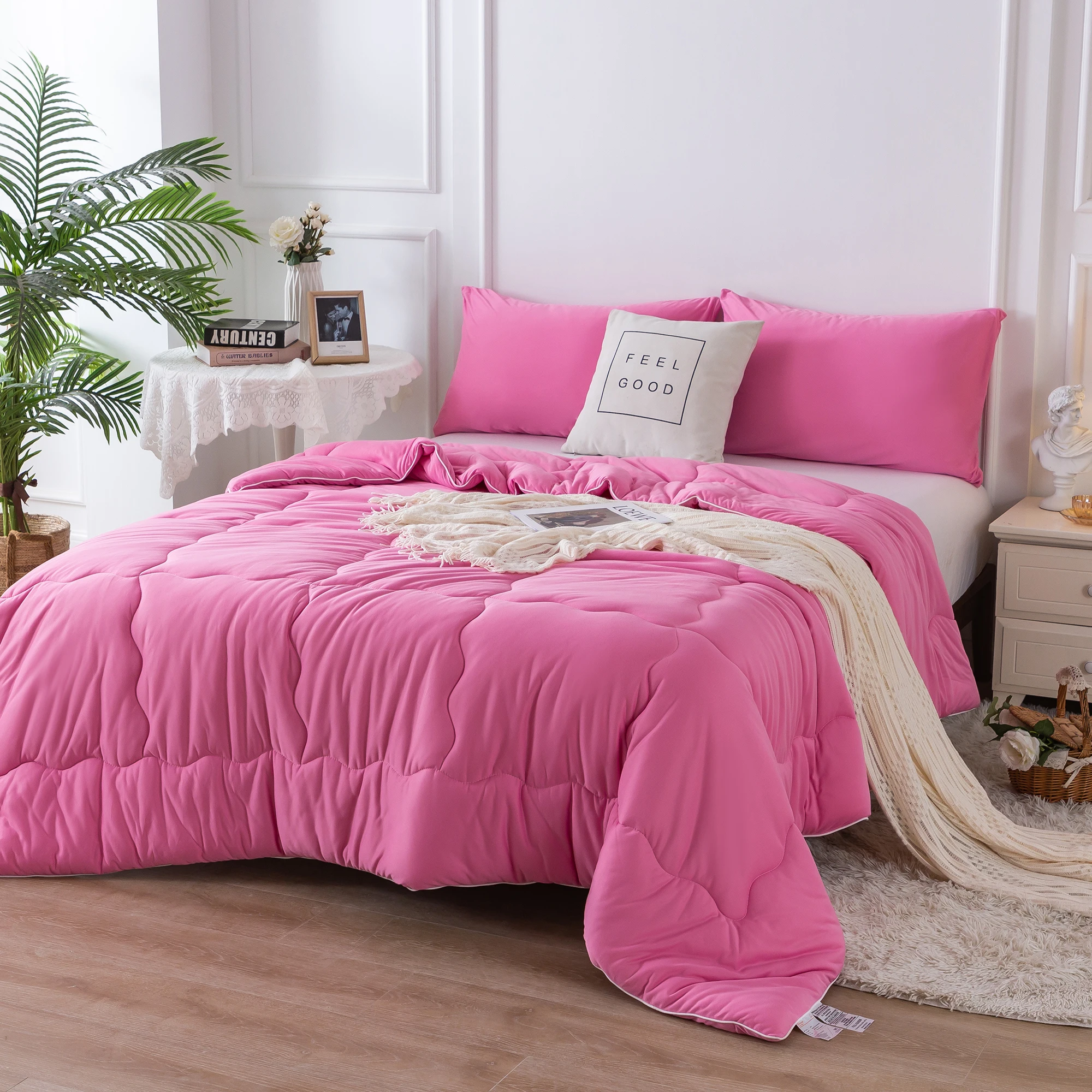 

Jersey Knit Cotton Cozy Breathable Bedding1 Down Alternative with 2 Pillowcase for All Season Use Rose pink Twin XL Size