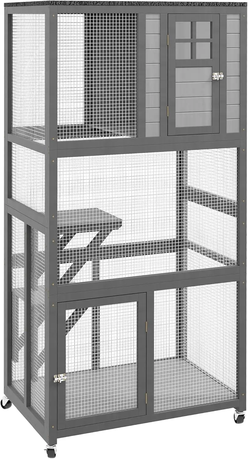 

74" Wooden Catio Outdoor Cat House Weatherproof & Wheeled, Outside Cat Enclosure with High Weight Capacity, Kitten Cage Condo