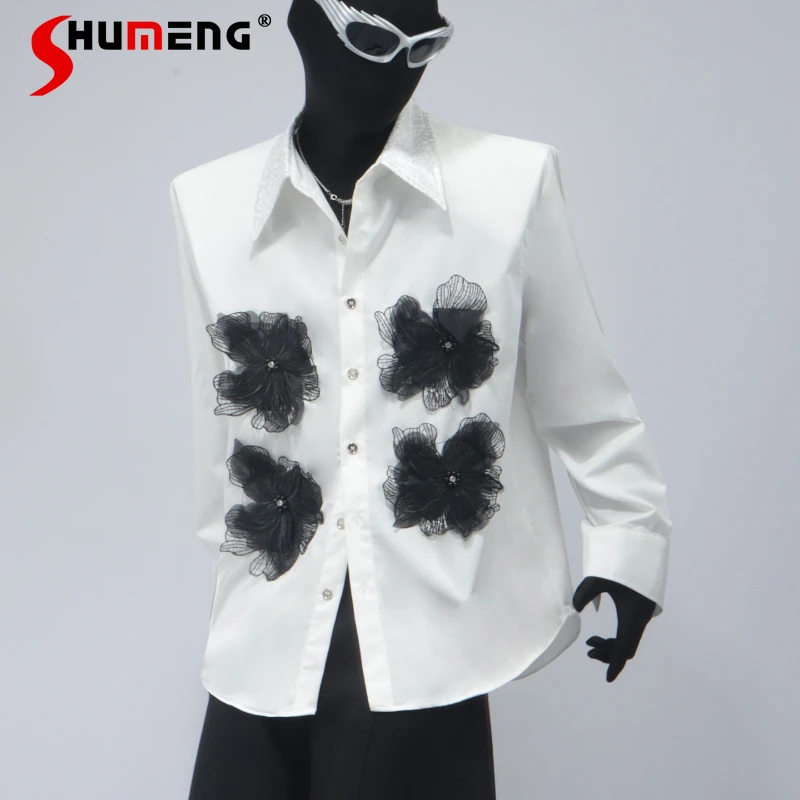 

Men's 2025 New Fashion Floral Decoration Long Sleeve Shirts Loose Fit Stylish Versatile Shirts Male Handsome Unique Chic Tops