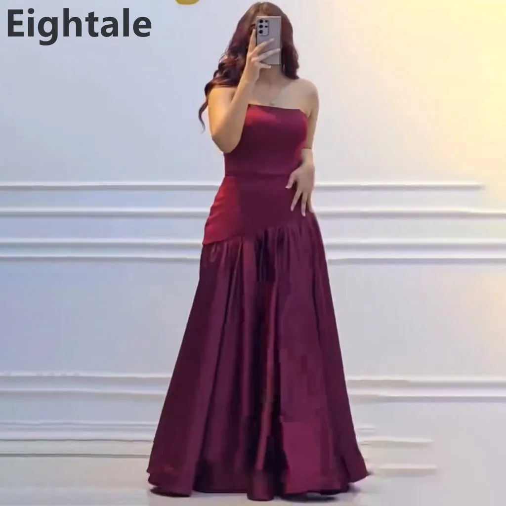 

Eightale 2025 A Line Satin Burgundy Spliced Fabric Evening Dress Strapless Prom Dress Saudi Arabic Party Gown Customized