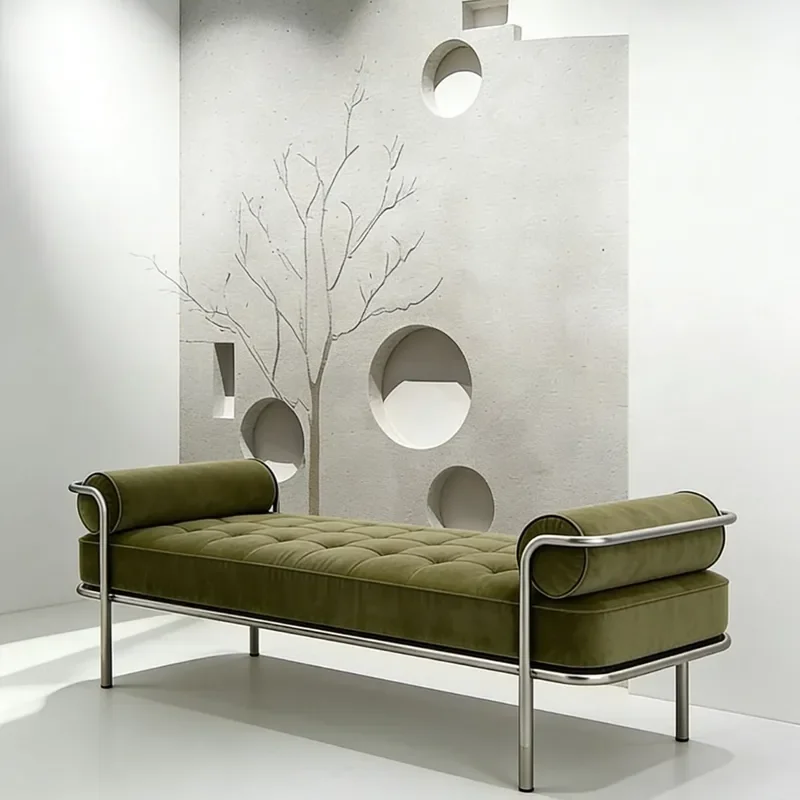 for Minimalist Modern Olive Green Velvet Bench with Cylinder Armrest Stainless Steel Frame Bedroom Sail Stool Shoe Change