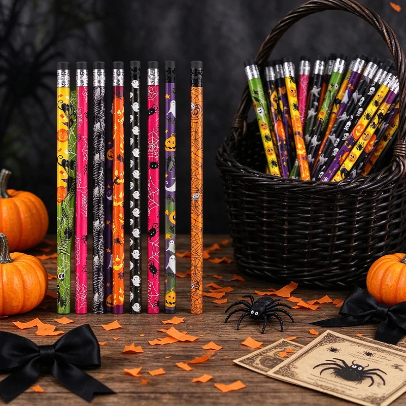 24-36PCS Halloween Themed Pencils Random Spooky Patterns with Erasers Festive Stationery Classroom Incentives Party Favors ZYF