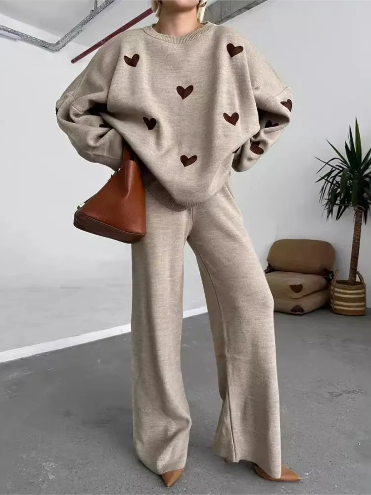 

Casual Knitted Sweater Long Pants Woman Set Loose Love Print Knitting Pullover Sweaters High Waist Pant Sets Female Chic Outfits