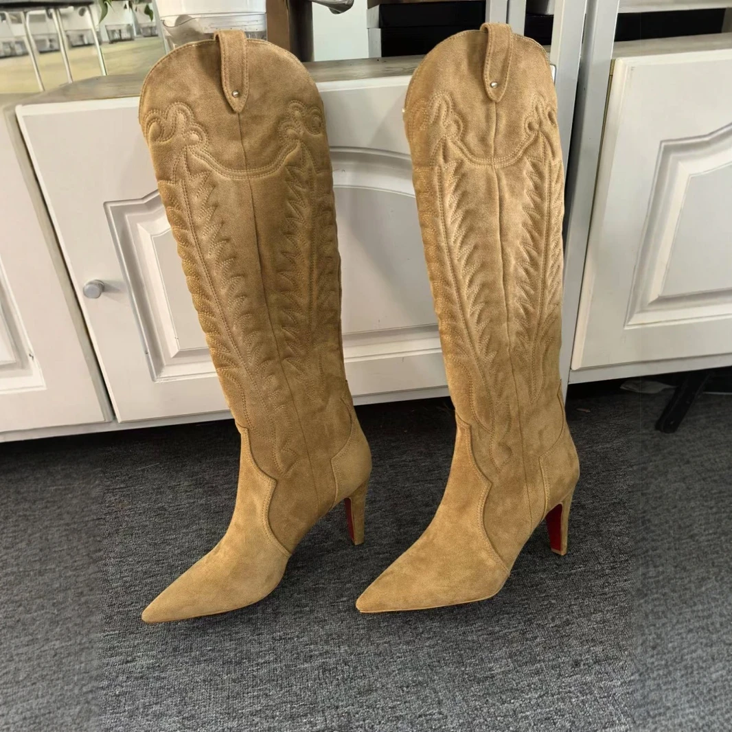 Pointed Toe Flannel Boats Embroidered Leather Knee-High Boots Women  High Heels Designer Style Slip On Winter Long Booties 2025